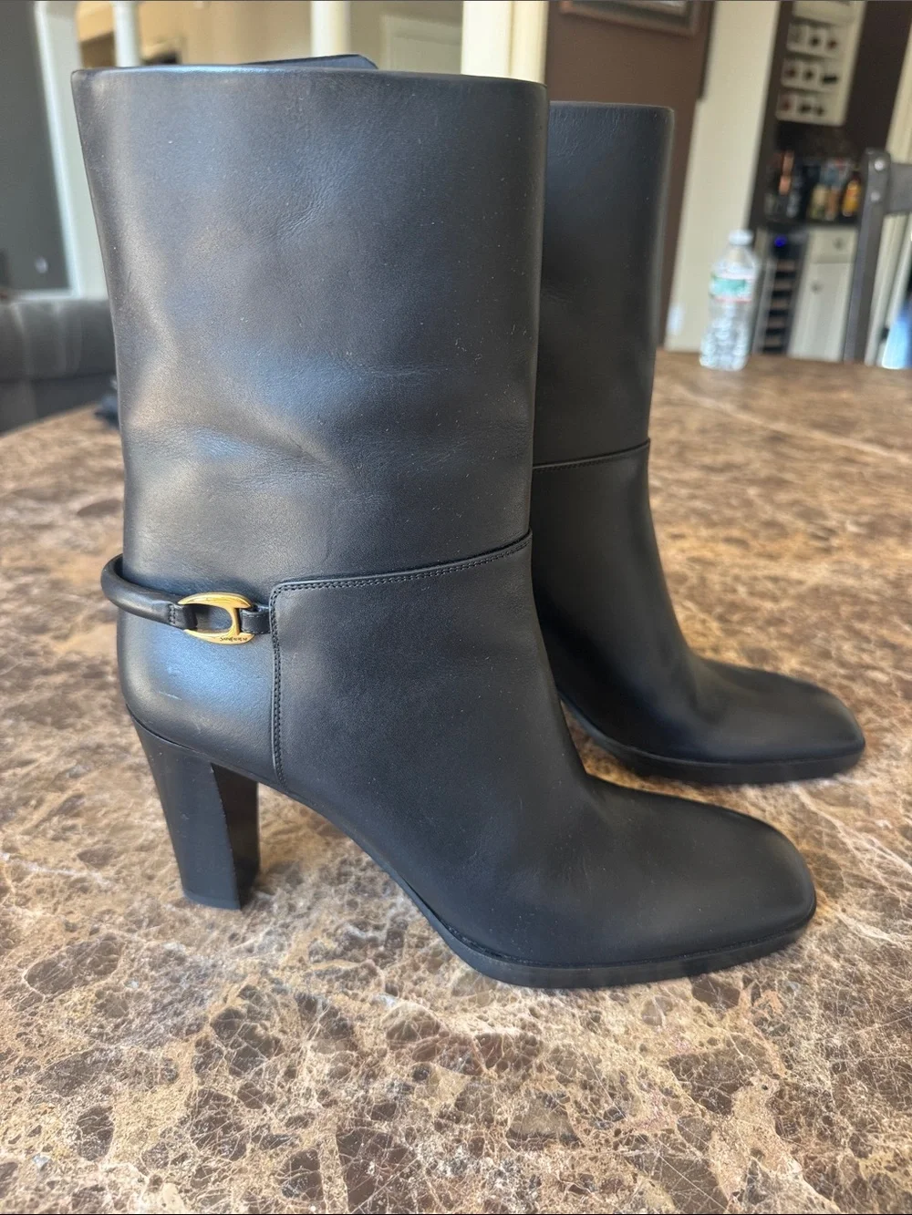 Ysl yves saint Laurent sulpice 80mm boot bootie black leather gold logo sz 39.5